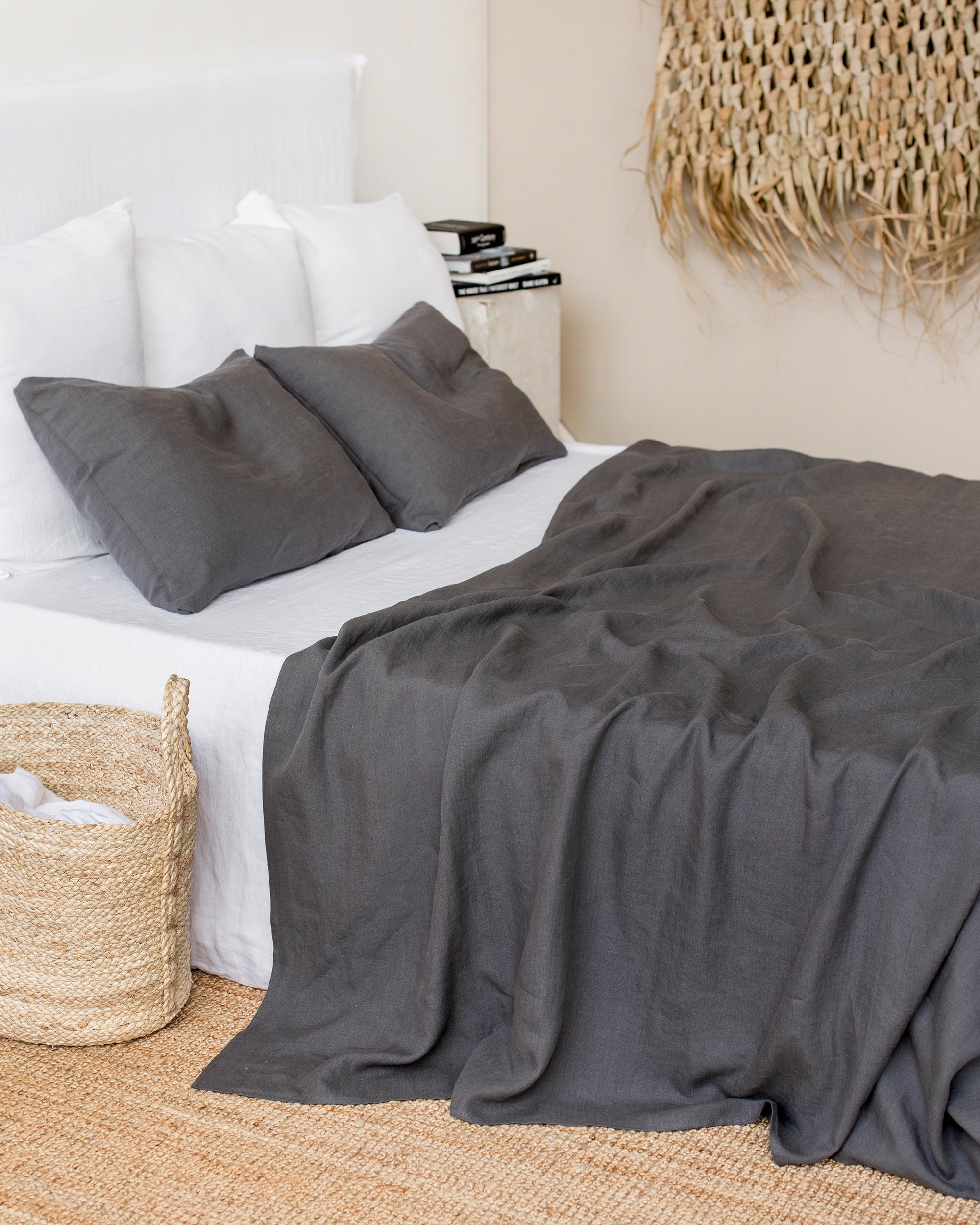 Charcoal gray linen flat sheet