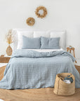 Gray blue gingham linen fitted sheet