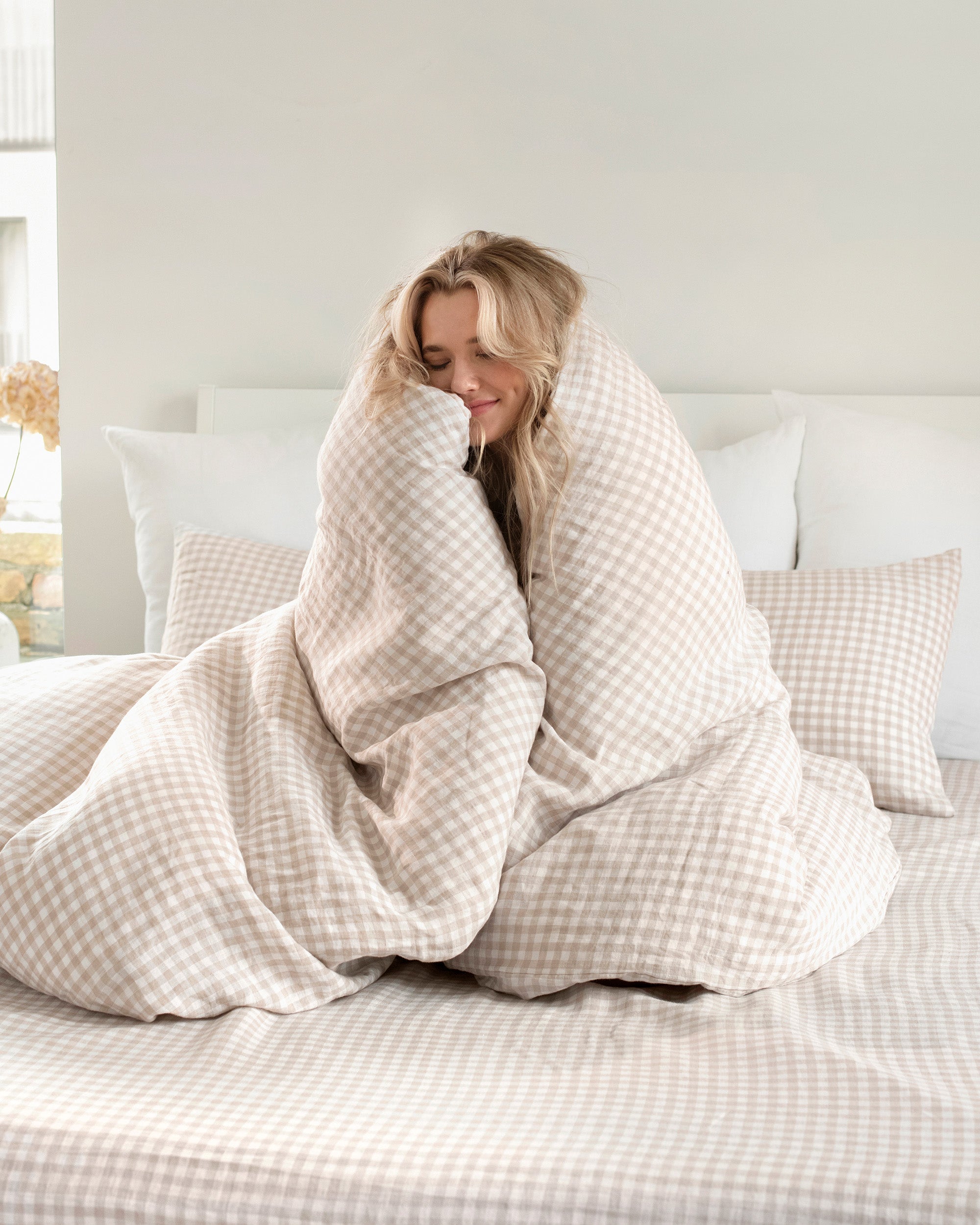 Natural gingham linen pillowcase