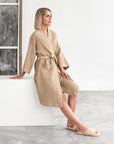 Beige short waffle bath robe