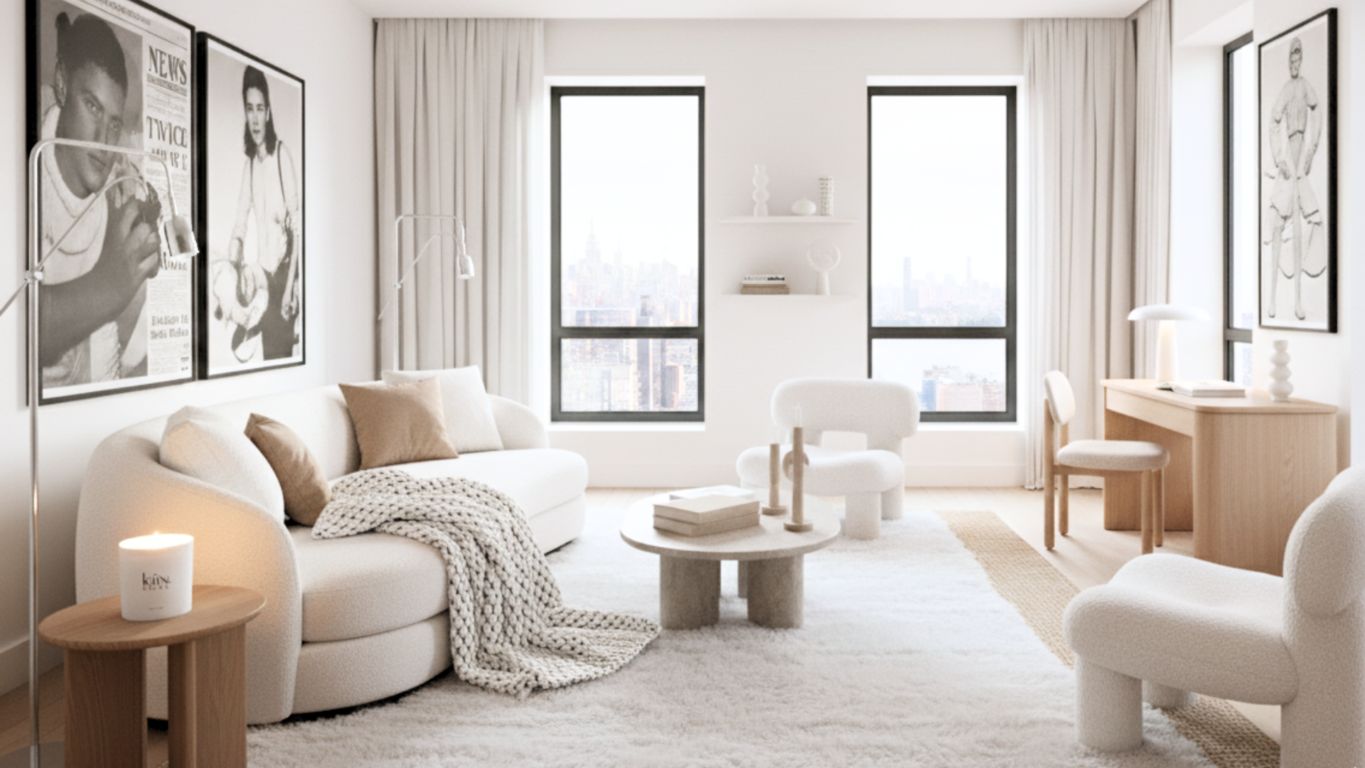 Modern living room with white furniture and large windows