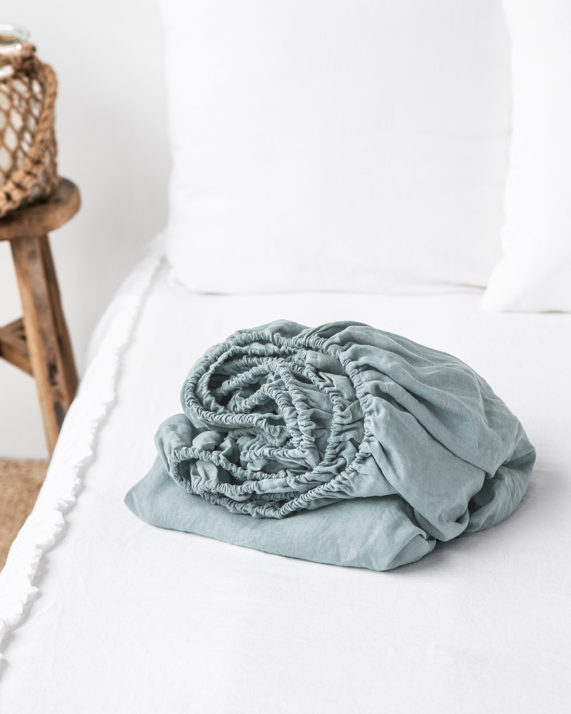 Dusty blue linen fitted sheet
