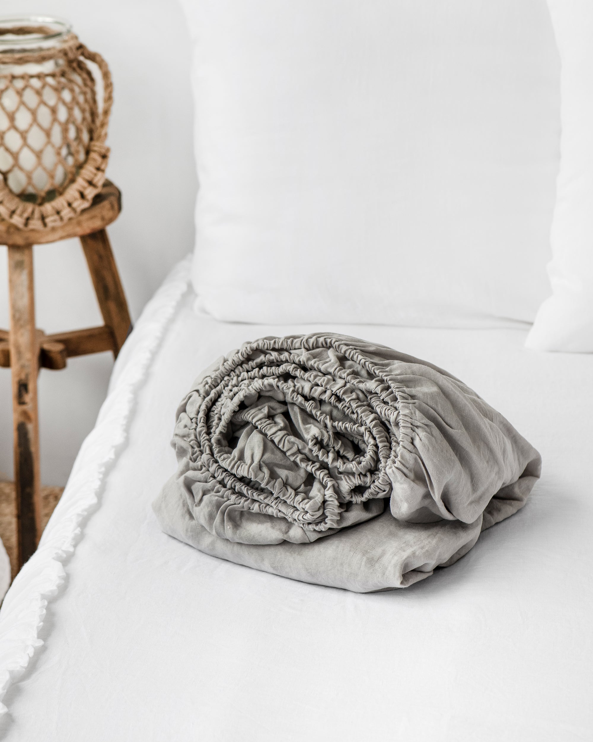 Light gray linen fitted sheet