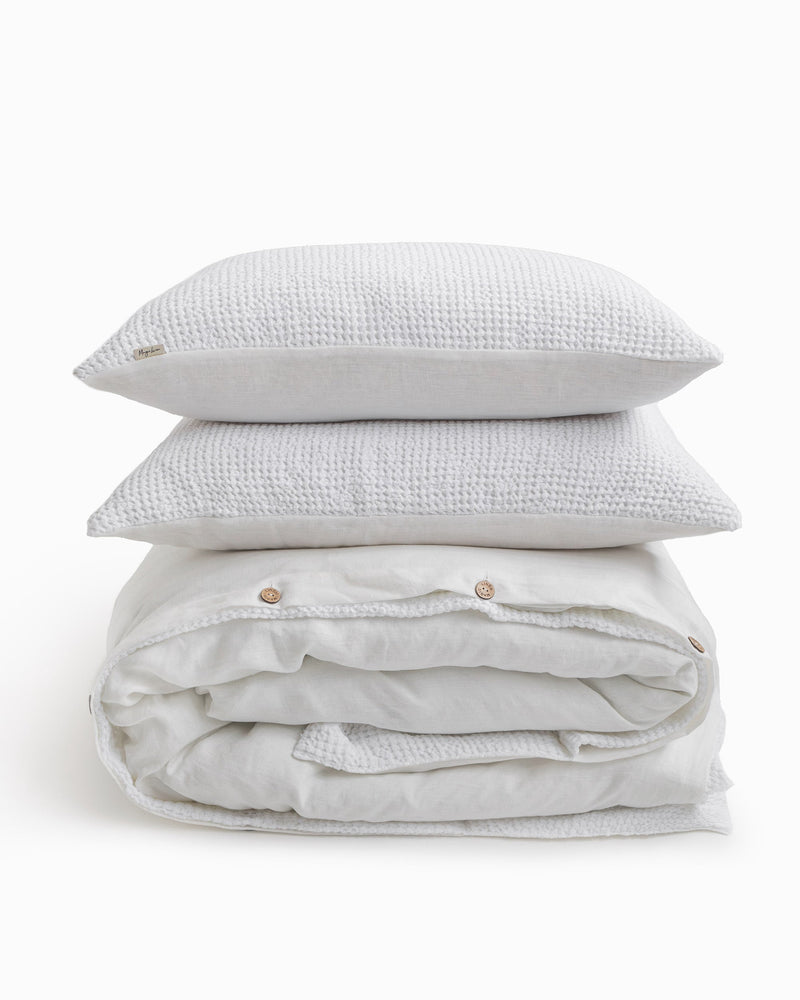 White reversible waffle linen duvet cover set (3 pcs)